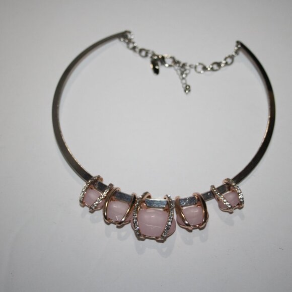 Beautiful silver collar necklace with rose gold, rhinestones and pink gems - Picture 2 of 4